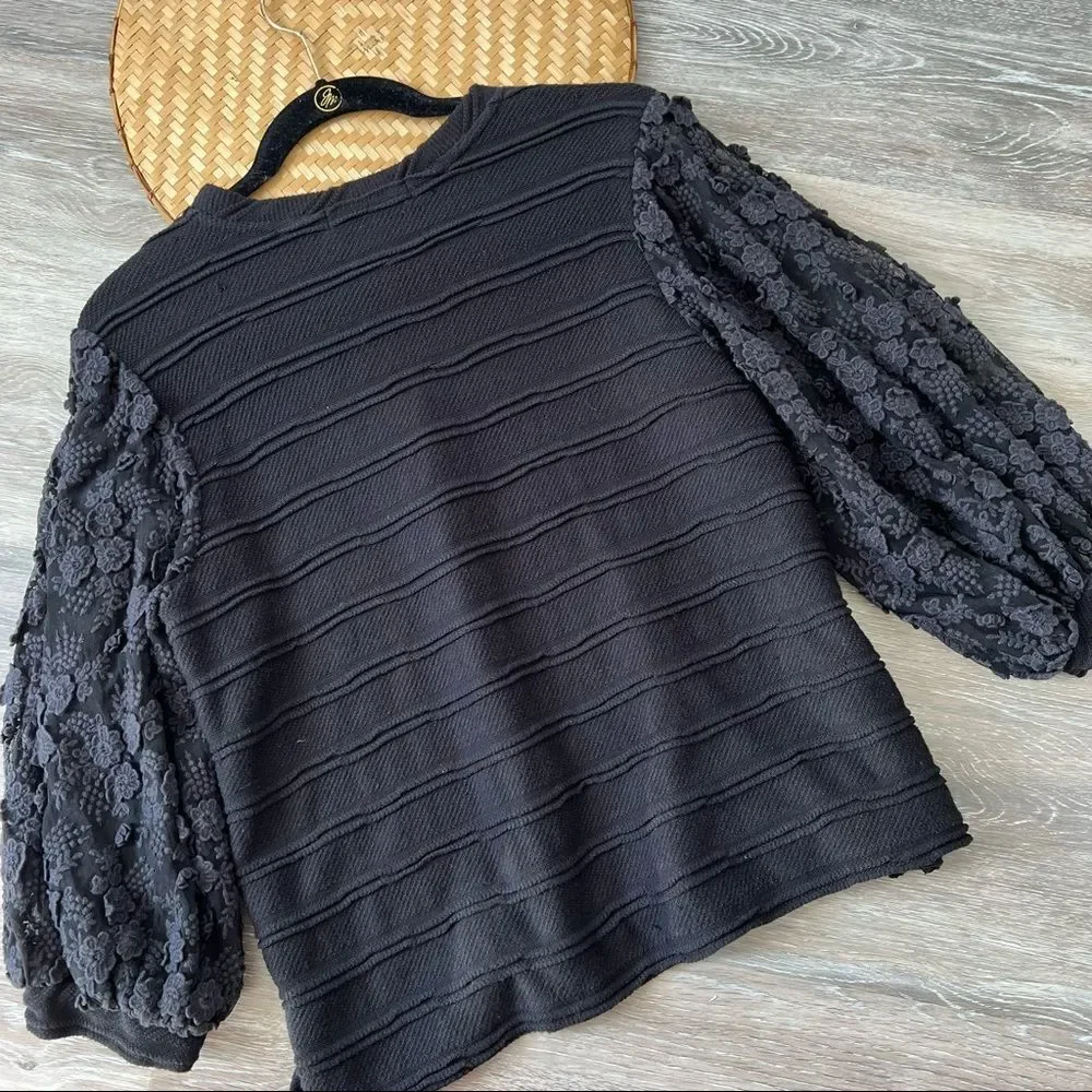 Anthropologie eri + ali black‎ embroidered balloon sleeve blouse